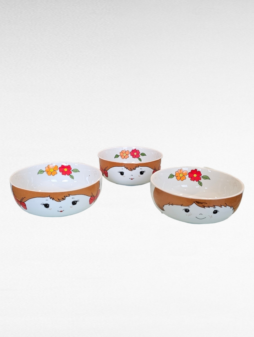 Vintage 1970's Fred Roberts Farm Face 1 Boy and 2 Girl Cereal Soup Bowls